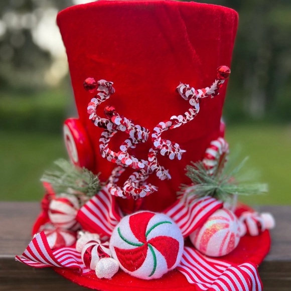 Red Candy Cane Candyland Peppermint Top Hat Decoration Christmas Tree Topper - Picture 4 of 8